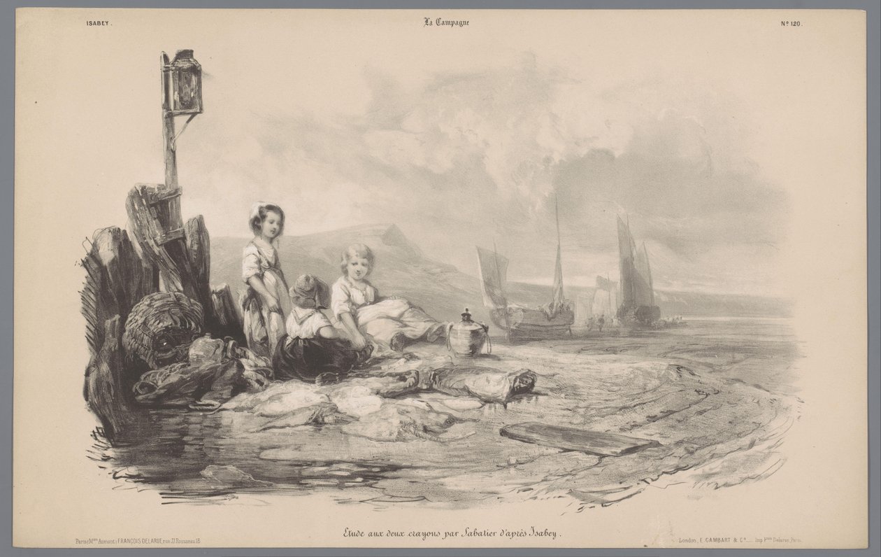 Bir koyda oynayan üç çocuk Kırsal yaşamın tasvirleri (dizi adı) Kampanya. Etudes varieés aux deux Crayons (nesne üzerinde seri başlığı) by Léon Jean Baptiste Sabatier