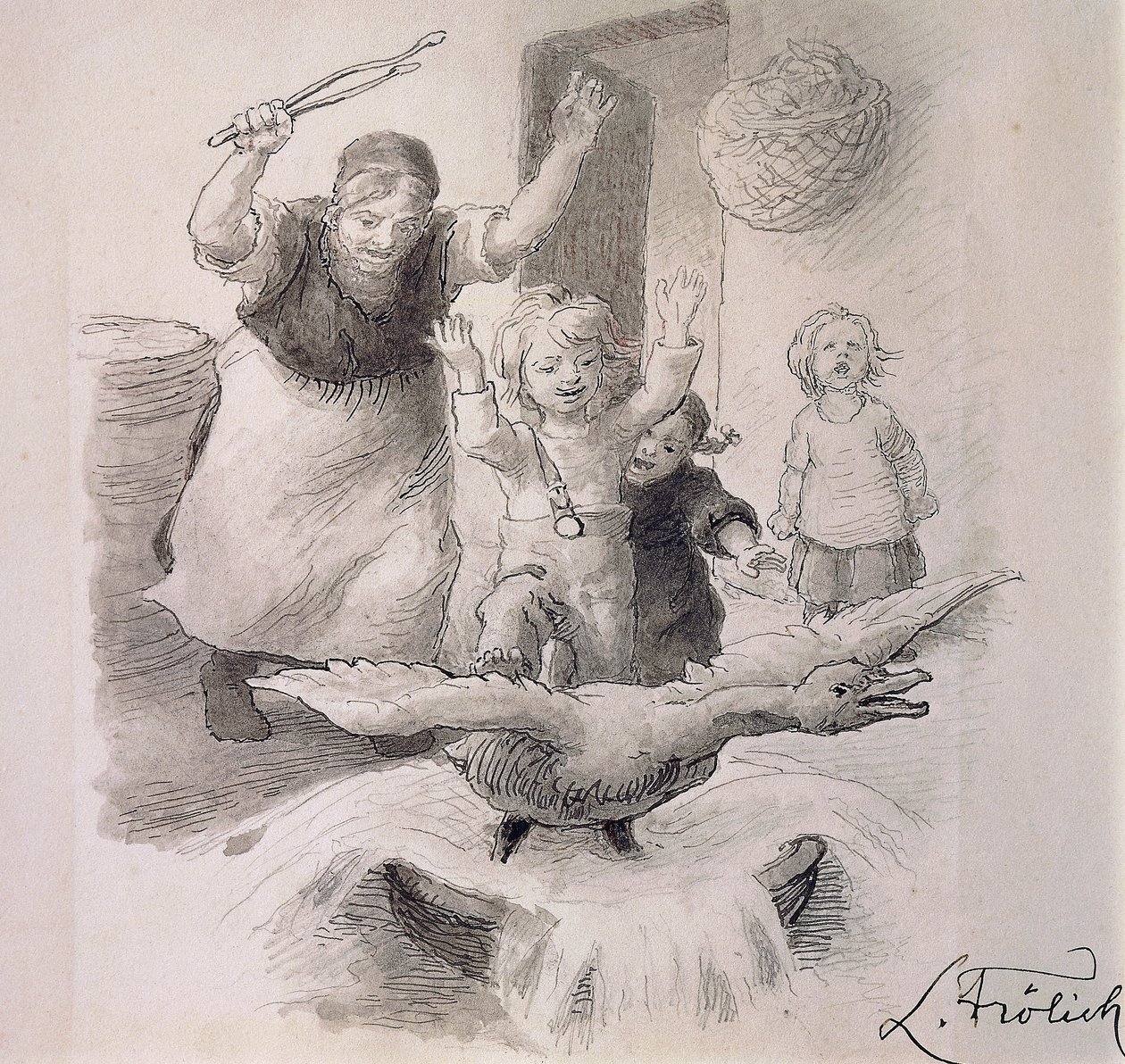 Hans Christian Andersen'in (1805-1875) peri masalı için Lorenz Frolich'in (1820-1908) Çirkin Ördek Yavrusu çizimi. by Lorens Frolich
