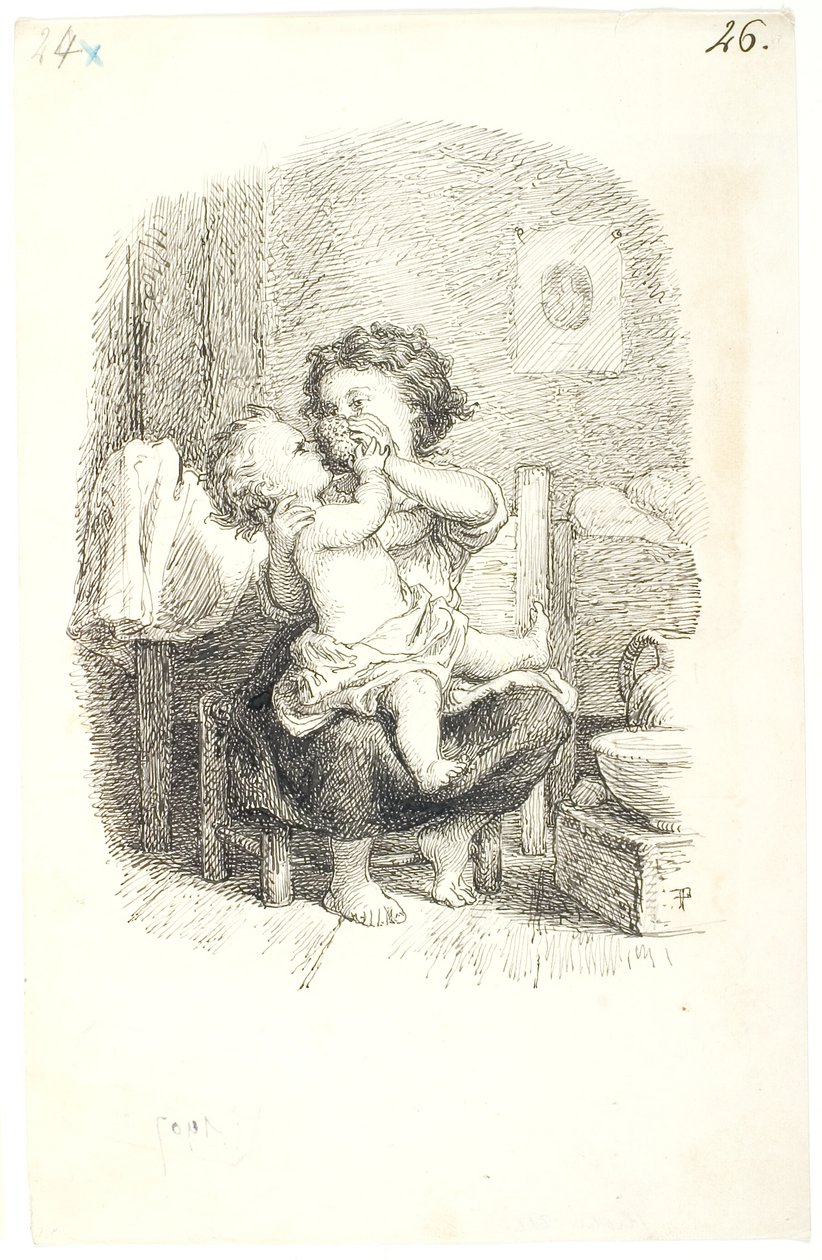 Küçük kız daha küçük bir çocuğu yıkıyor by Lorenz Frølich