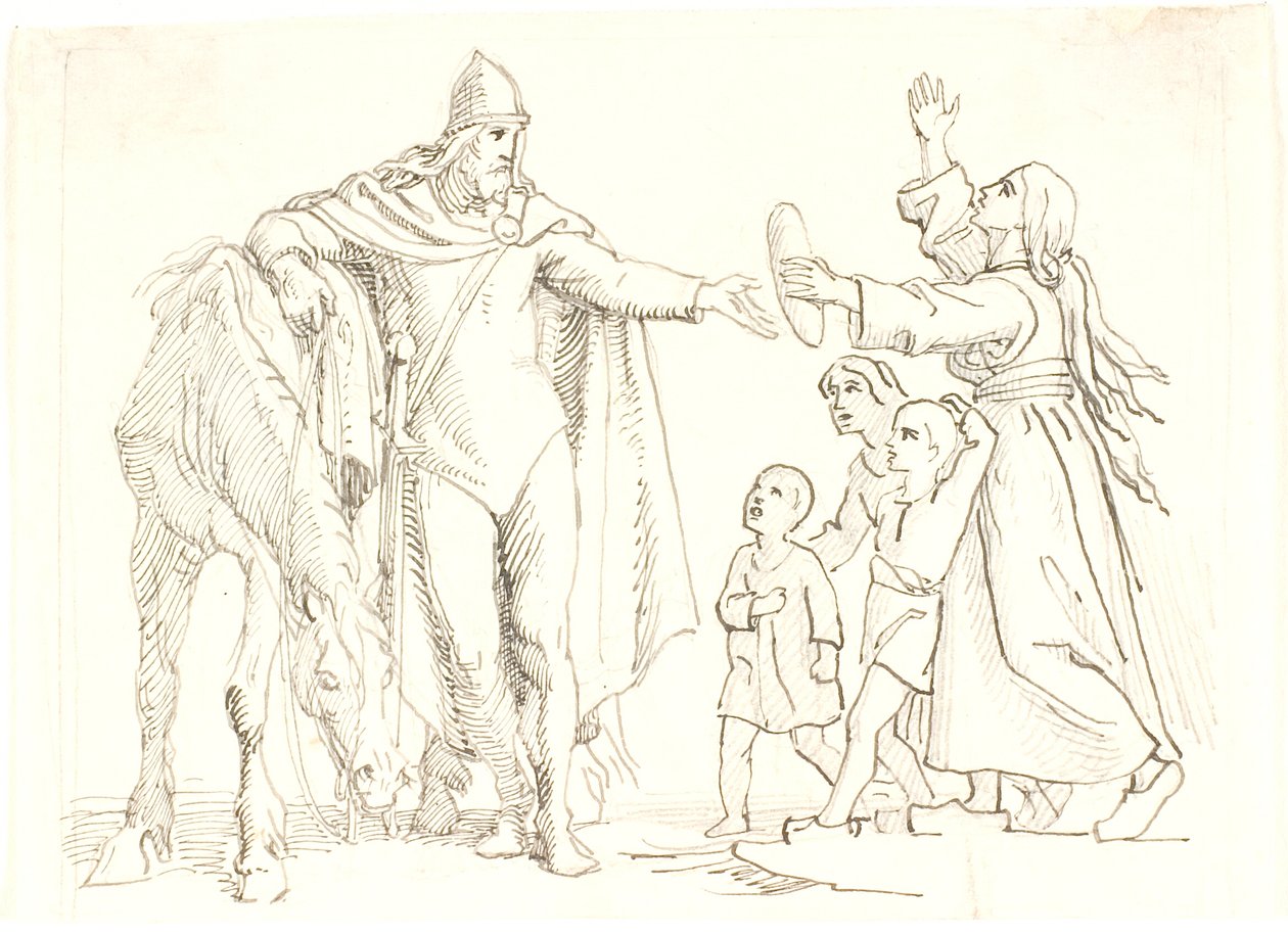 Niels Ebbesen ve zavallı karısı için taslak by Lorenz Frølich