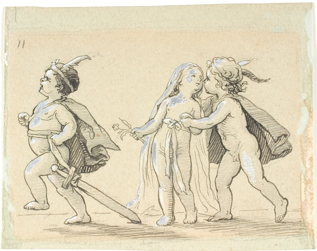 Üç çocuklu vinyet; koşan erkek, erkek çocuk ve kız, holding by Lorenz Frølich