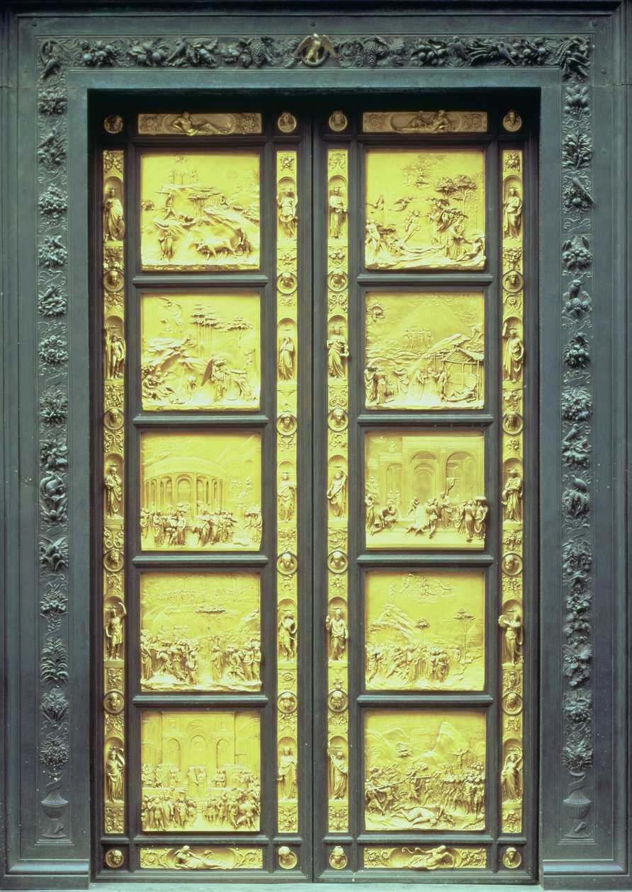 Cennet Kapıları (Doğu Kapıları) Eski Ahit sahnelerini 1425-52 tasvir eden 10 kabartma panelden oluşur (altın yaldızlı bronz) by Lorenzo Ghiberti