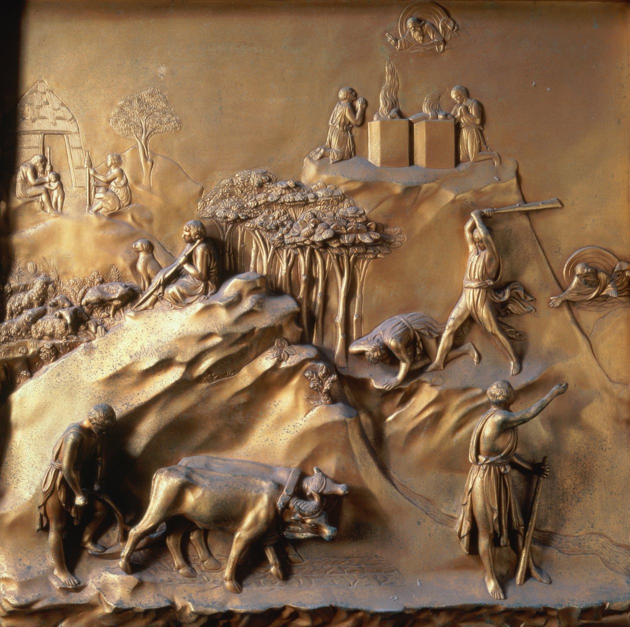 Kabil ve Habil'in Öyküsü: Kurban, Habil'in Cinayeti ve Tanrı'nın Kabil'i Defetmesi, Cennet Kapılarından (Doğu kapıları) on kabartma panelden biri, 1425-52 (altın yaldızlı bronz) (ayrıca bkz. 87652 ve 87654-67 by Lorenzo Ghiberti