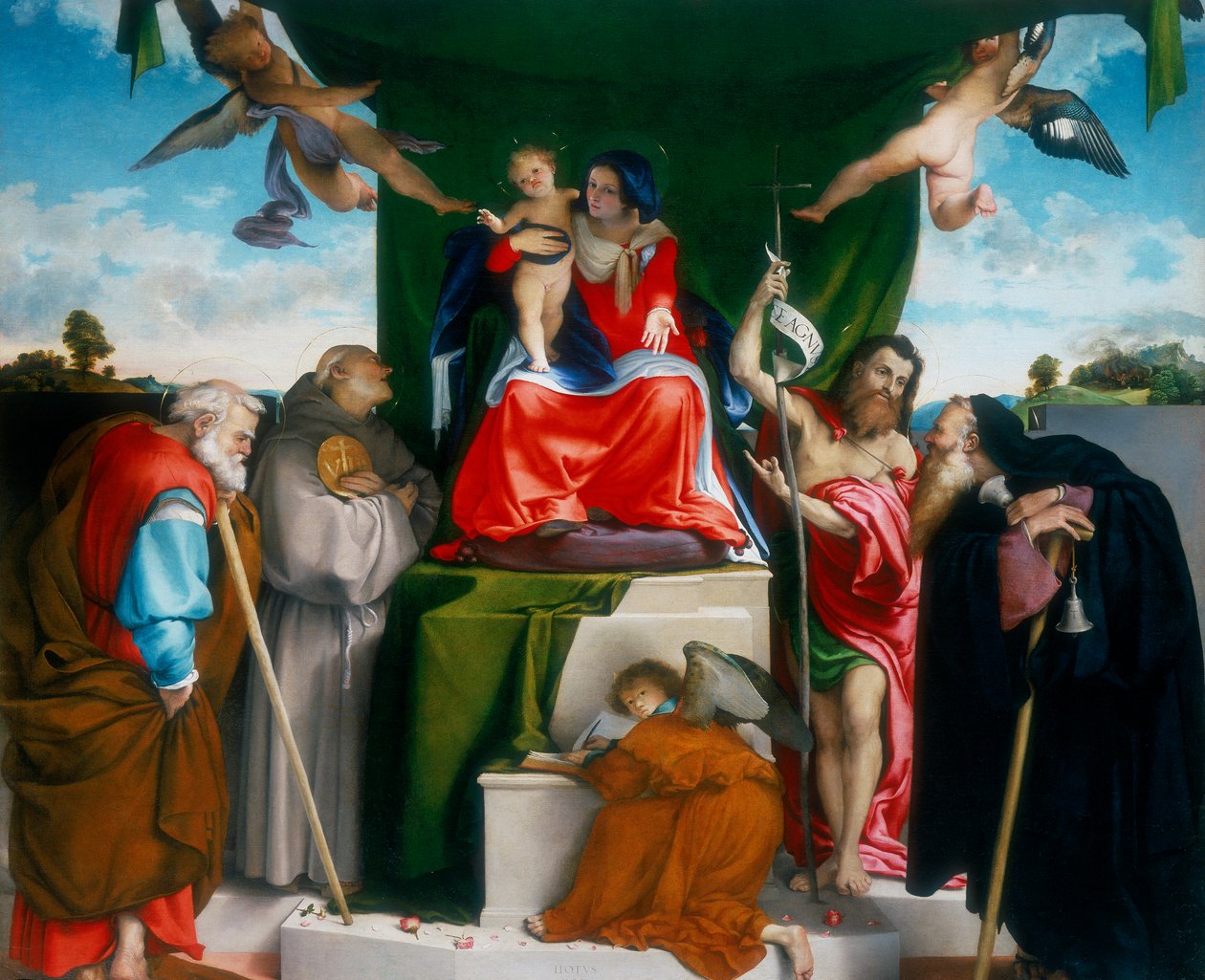 Madonna ve Çocuk, melekler ve azizlerle tahta çıktı, 1521 by Lorenzo Lotto