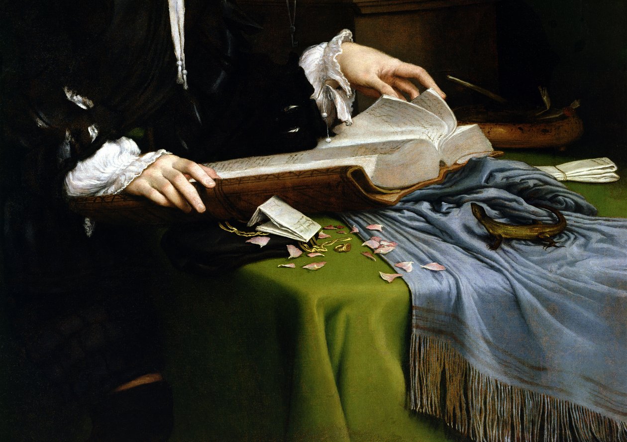 Çalışmasında Bir Beyefendinin Portresi, 1528-30 (detay) (restorasyon sonrası) by Lorenzo Lotto