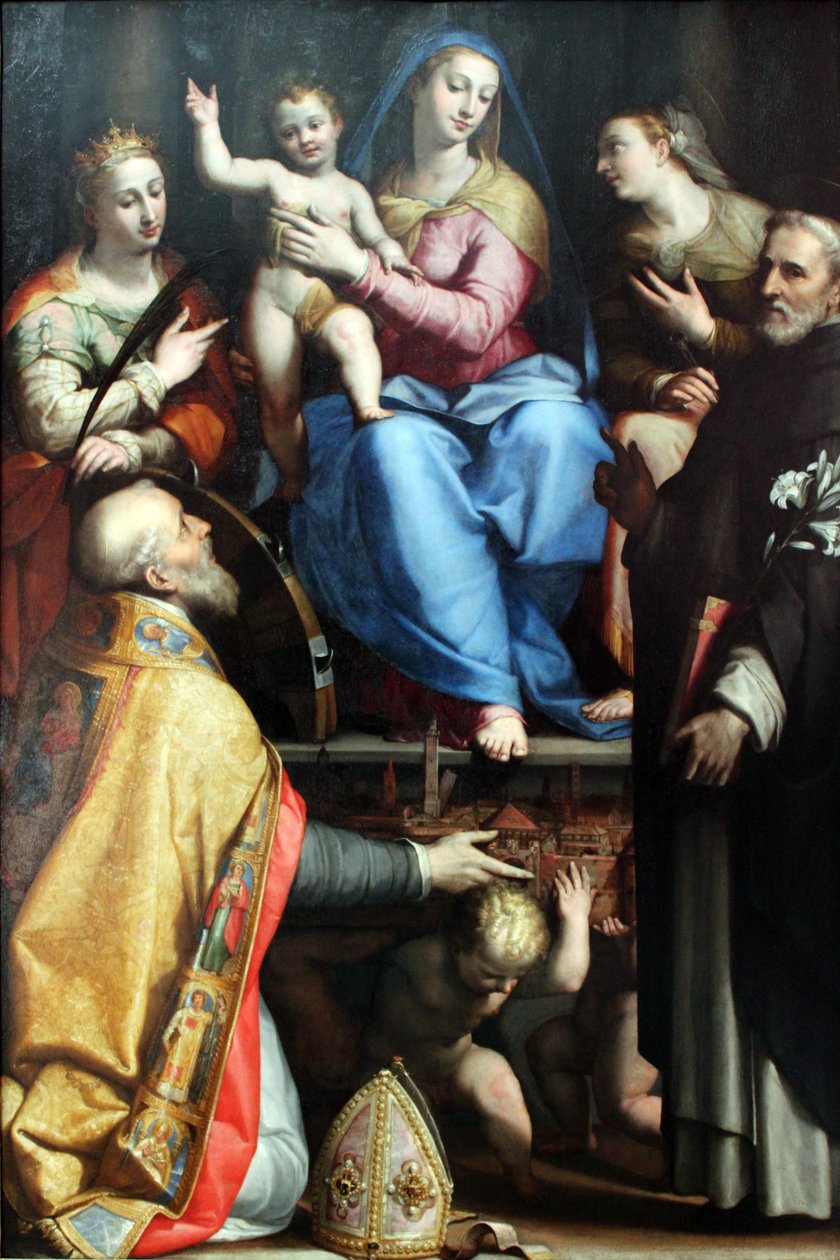 Meryem, kutsama çocuğu ve Aziz Petronius, İskenderiyeli Catherine, Dominic ve Apollonia ile tahta çıktı. by Lorenzo Sabbatini