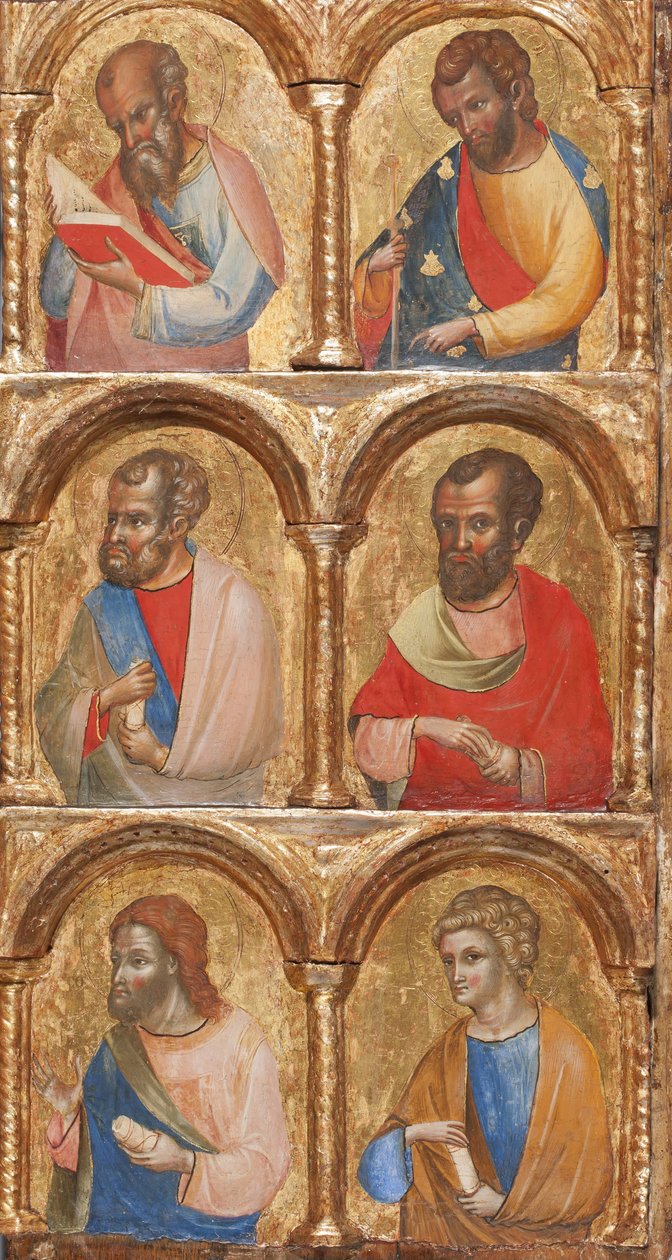 Madonna ve Çocuklu Melekler, Çarmıha Gerilme ve Oniki Havariler veya Azizler detayı, panelde c.1360 tempera by Lorenzo Veneziano