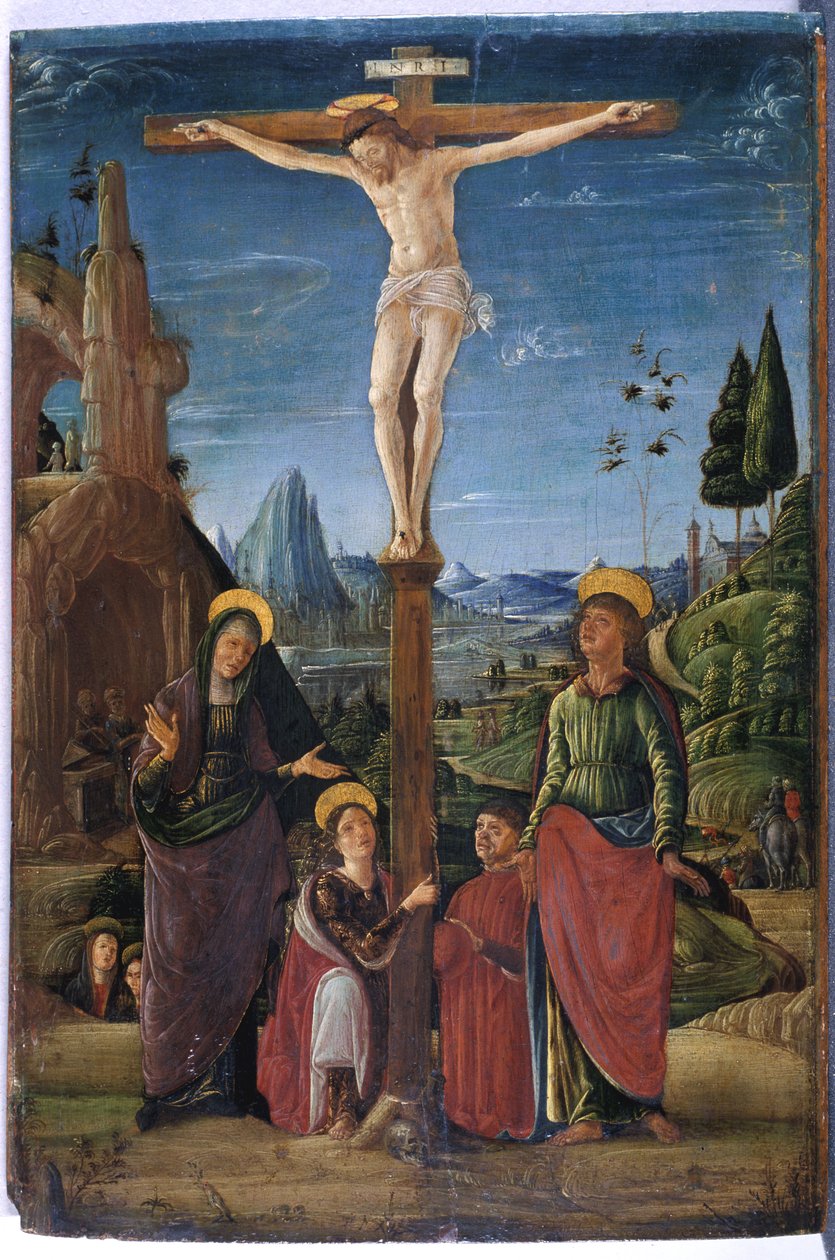 Mary, John, Mary Magdalene ve bir hayırsever ile Çarmıha Gerilme, c.1480 (ahşap üzerinde tempera) by Lorenzo attr. to Costa