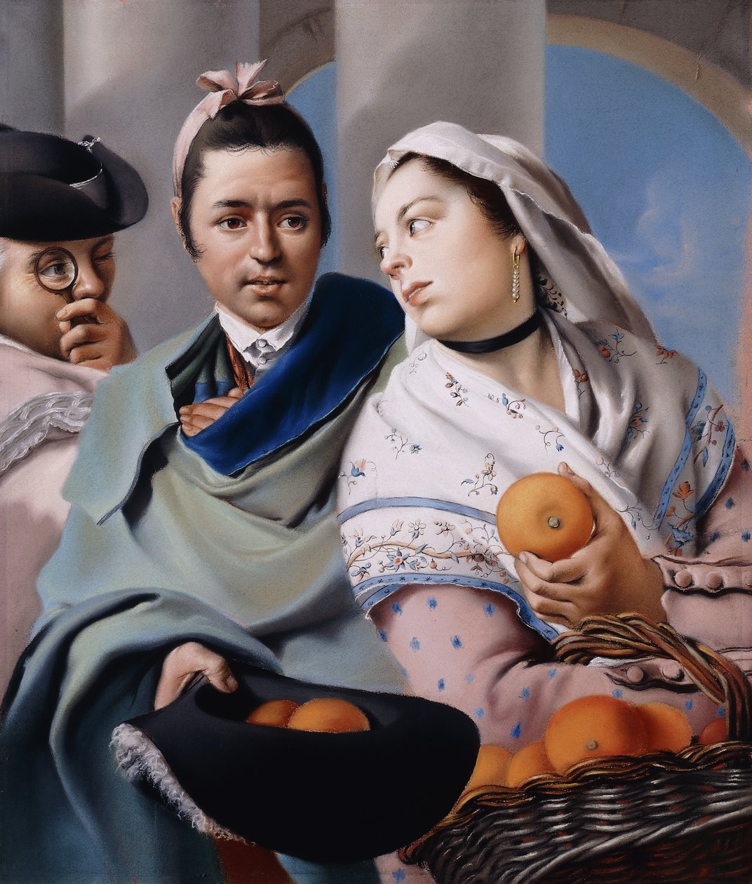 Pembe elbiseli ve beyaz şallı bir kız yeşil pelerinli bir beyefendiye üç boynuzlu şapka tutan bir beyefendiye portakal sunan, gözlüklü bir beyefendi tarafından gözlemlenen, by Lorenzo Baldissera Tiepolo