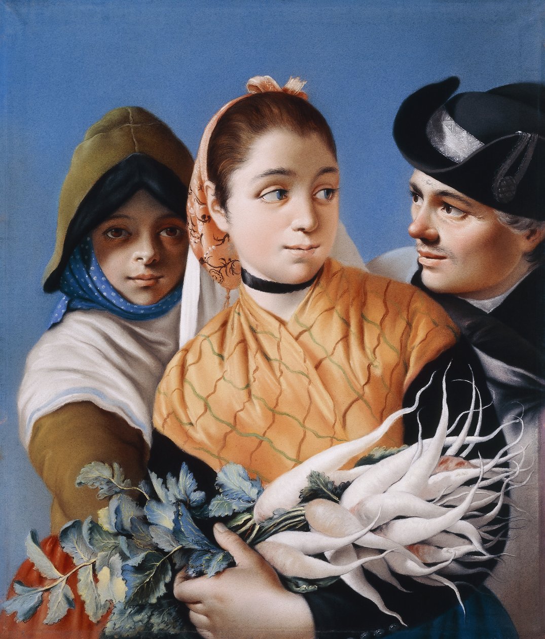Turuncu Şallı Şalgamlı Kız, Yeşil Boneli ve Elbiseli Kız ve Siyah Tricorn Şapkalı Beyefendi, by Lorenzo Baldissera Tiepolo