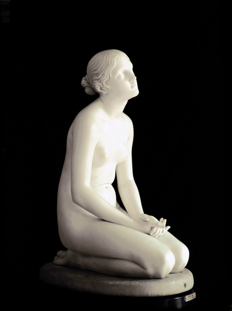 Trust in God Young girl kneels her gaze turns to heaven in prayer. Marble sculpture by Lorenzo Bartolini (1777-1850) 1835 Dim. 95 cm Milan, Museo Poldi-Pezzoli by Lorenzo Bartolini