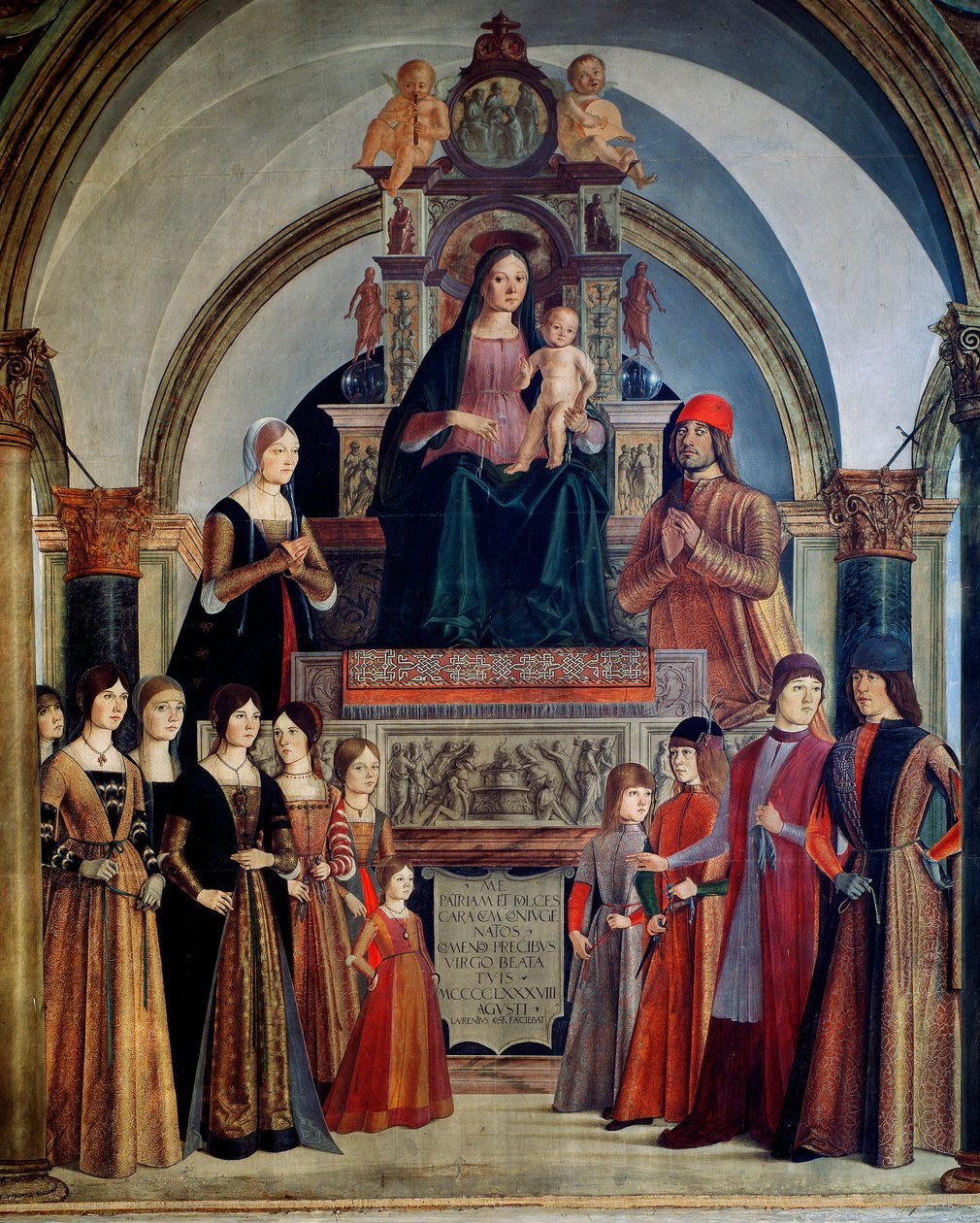 Bentivoglio Bakire Bakiresi, çocuğu Bentivoglio ailesinin üyeleriyle çevrilidir. Boyama Lorenzo Costa (1460-1535) 1488 Bologna, Chiesa di San Giacomo Maggiore by Lorenzo Costa