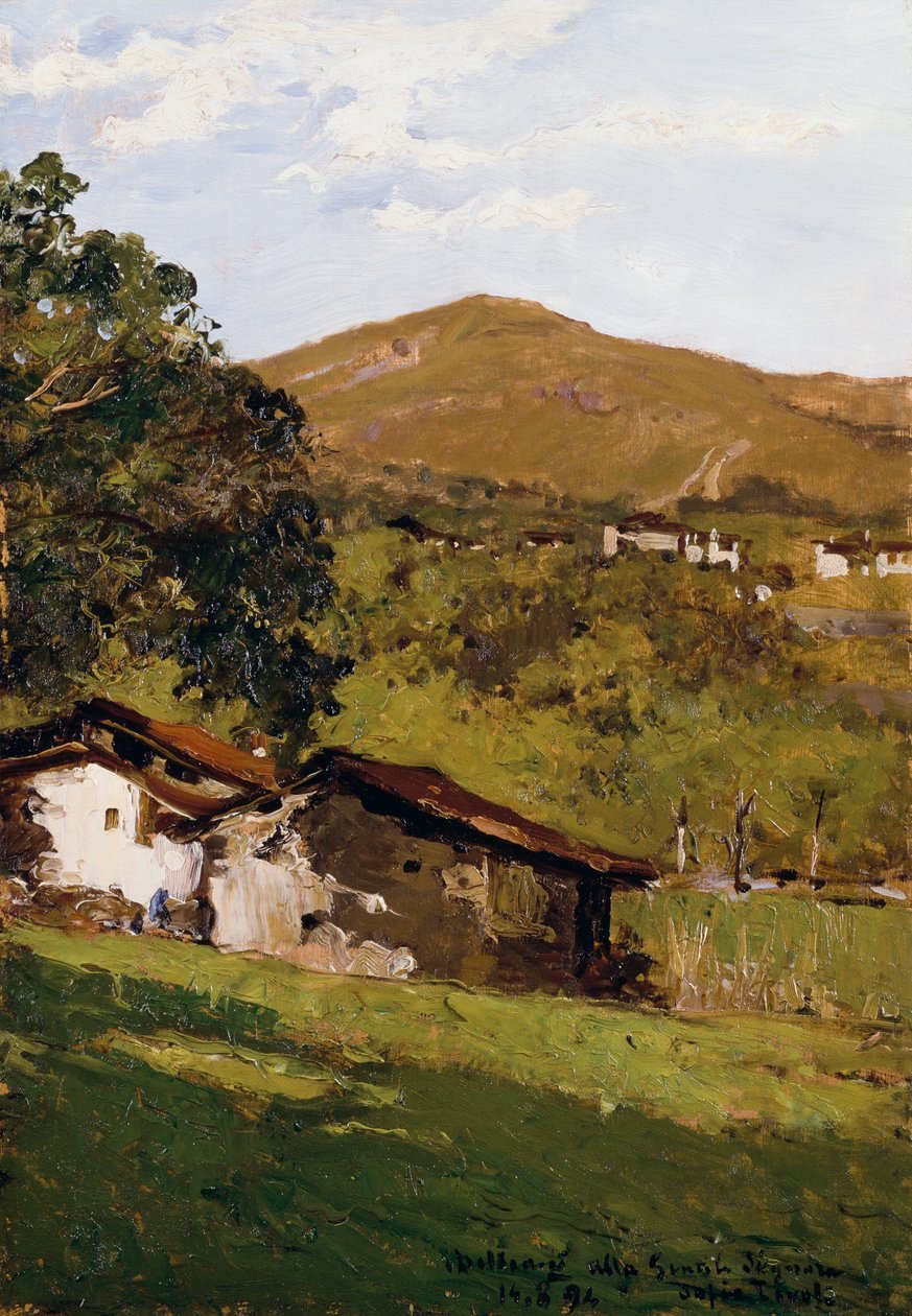 Yeşillikler arasında çiftlik evleri (Biella Alpleri Öncesi), Lorenzo Delleani (1840-1908), panel üzerine yağlı boya, 44,9x30,7 cm by Lorenzo Delleani