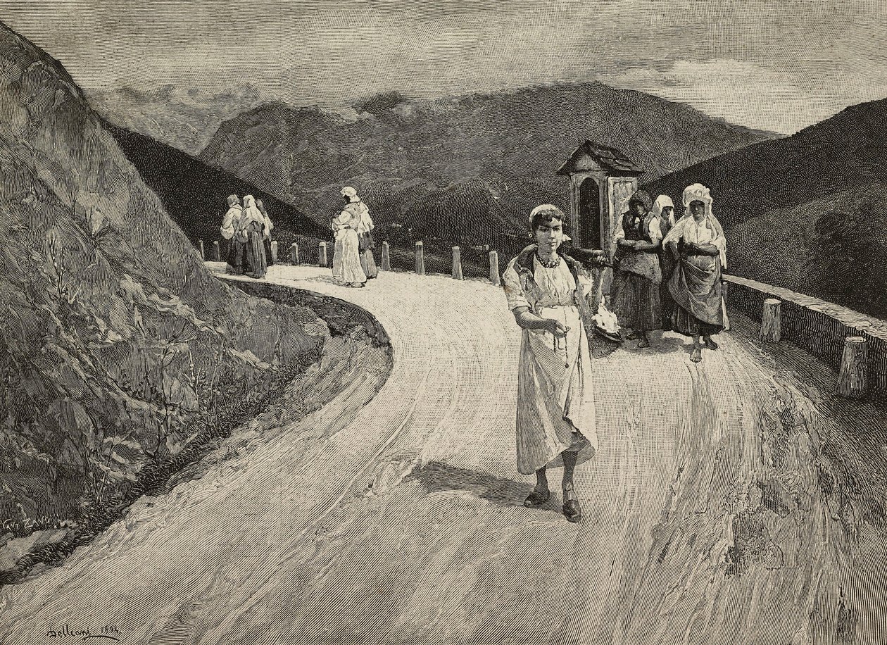 Kutsal Yolda, yolda yürüyen kadın hacı, Brera, United Expositions, Milano, İtalya, L'Illustrazione Italiana'dan Lorenzo Delleani'nin (1840-1908) tablosundan F Cantagalli'nin gravürü, yıl 21, sayı 42, 21 Ekim by Lorenzo Delleani