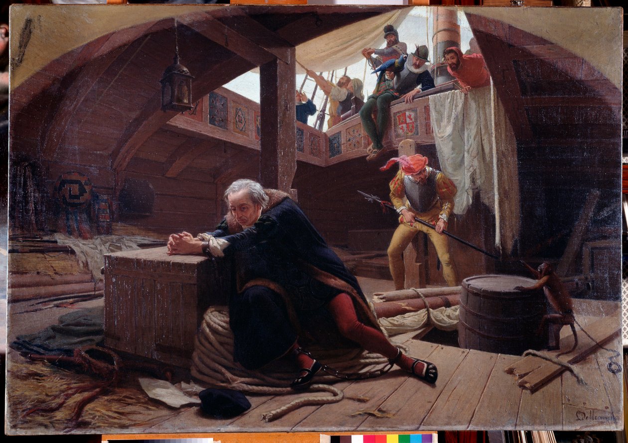 Üçüncü yolculuğundan dönen kaşif ve denizci Christopher Columbus (Christopher Columbus, Cristoforo Colombo, Cristobal Colon) (1451-1506) kargo ambarında zincirlenmiş by Lorenzo Delleani