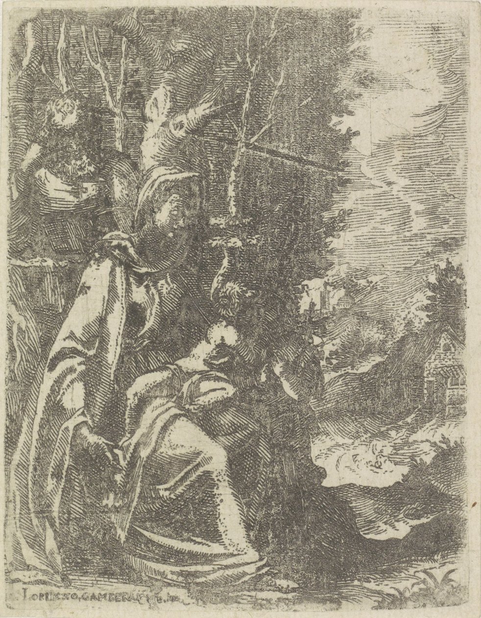 Bir manzarada genç Vaftizci Yahya ile Kutsal Aile by Lorenzo Gamberati