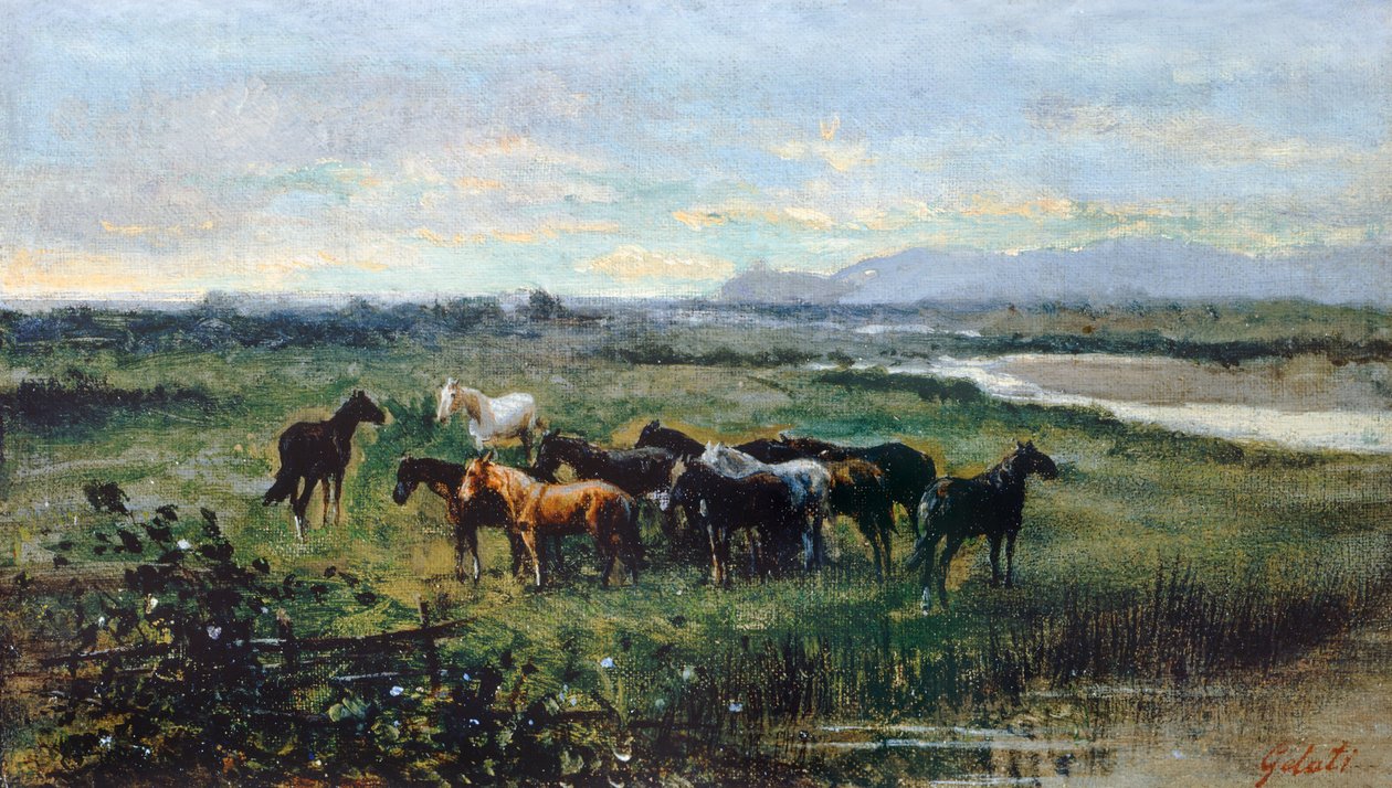 Vahşi Atlar, yaklaşık 1870, Lorenzo Gelati (1824-1893), panele aktarılmış tuval üzerine yağlı boya, 21x37 cm by Lorenzo Gelati