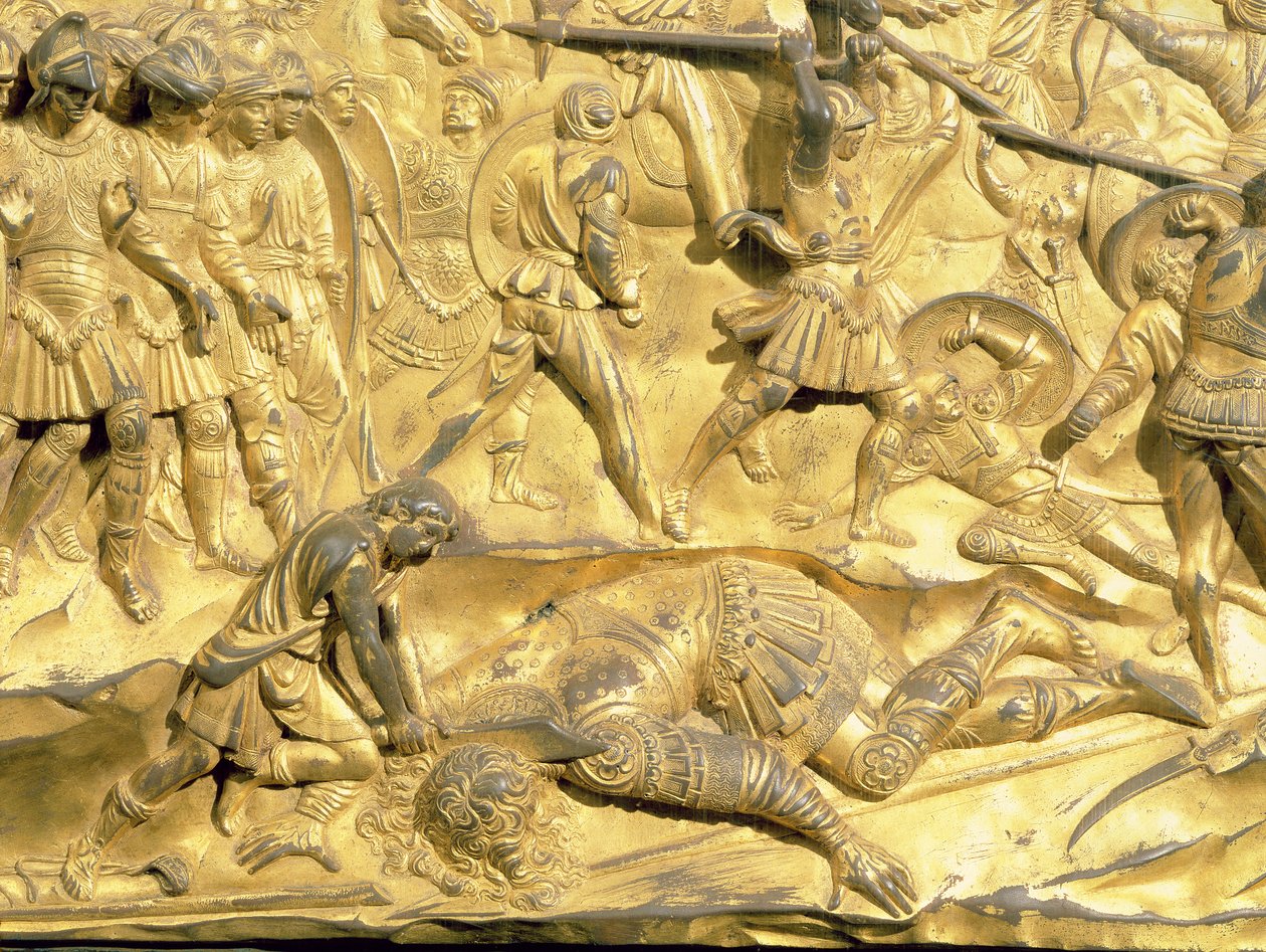 David ve Goliath, Vaftizhanenin Doğu Kapılarından orijinal panelden detay, 1425-52 (altın yaldızlı bronz) (restorasyon sonrası) by Lorenzo Ghiberti