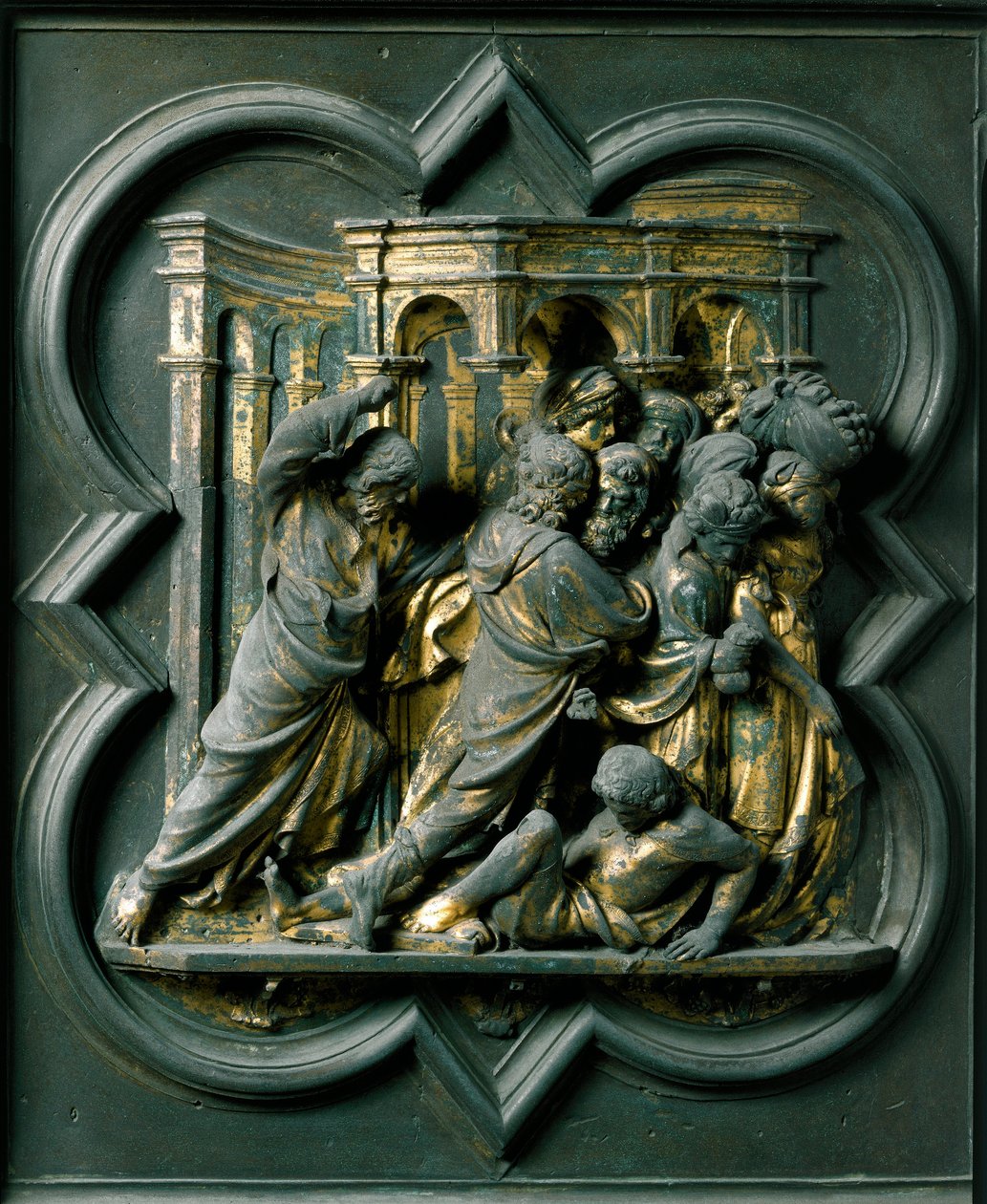 Kuzey Kapısı (Kuzeyde Haç Kapısı denir), dış detay: “” Tapınaktan tüccarları kovalayan İsa”” Lorenzo Ghiberti tarafından yapılmış bronz heykel (1378-1455) by Lorenzo Ghiberti