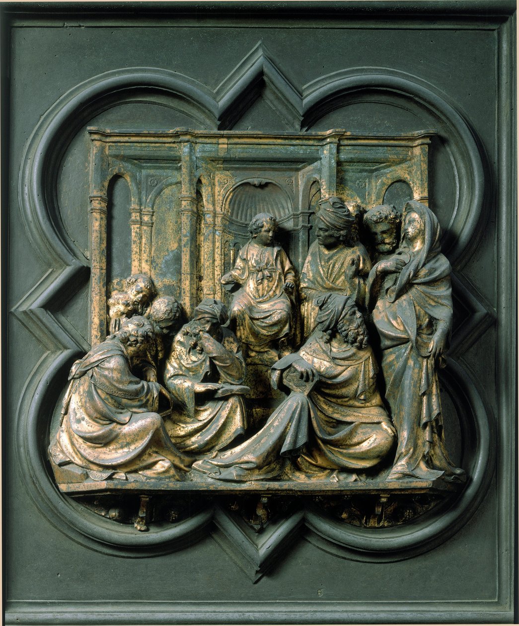 Kuzey Kapısı (Kuzeye Haç Kapısı denir), dış detay: Doktorlar arasında İsa. Lorenzo Ghiberti (1378-1455) tarafından yapılan bronz heykel by Lorenzo Ghiberti