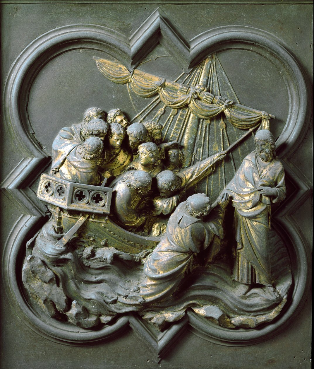 Kuzey Kapısı (Kuzeye Haç Kapısı denir), dış detay: İsa su üzerinde yürüyor. Lorenzo Ghiberti (1378-1455) tarafından yapılan bronz heykel by Lorenzo Ghiberti