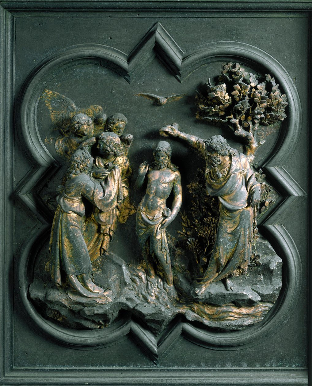 North Porte (called Gate of the Cross, in the North), exterior detail: “” the baptism of Christ”” Bronze sculpture made by Lorenzo Ghiberti (1378-1455) by Lorenzo Ghiberti