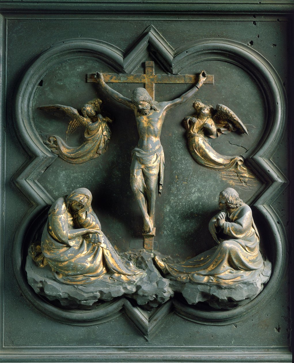 Kuzey Porte (Kuzeyde Haç Kapısı olarak adlandırılır), dış detay: “” Çarmıha germe”” Lorenzo Ghiberti tarafından yapılan bronz heykel (1378-1455) by Lorenzo Ghiberti