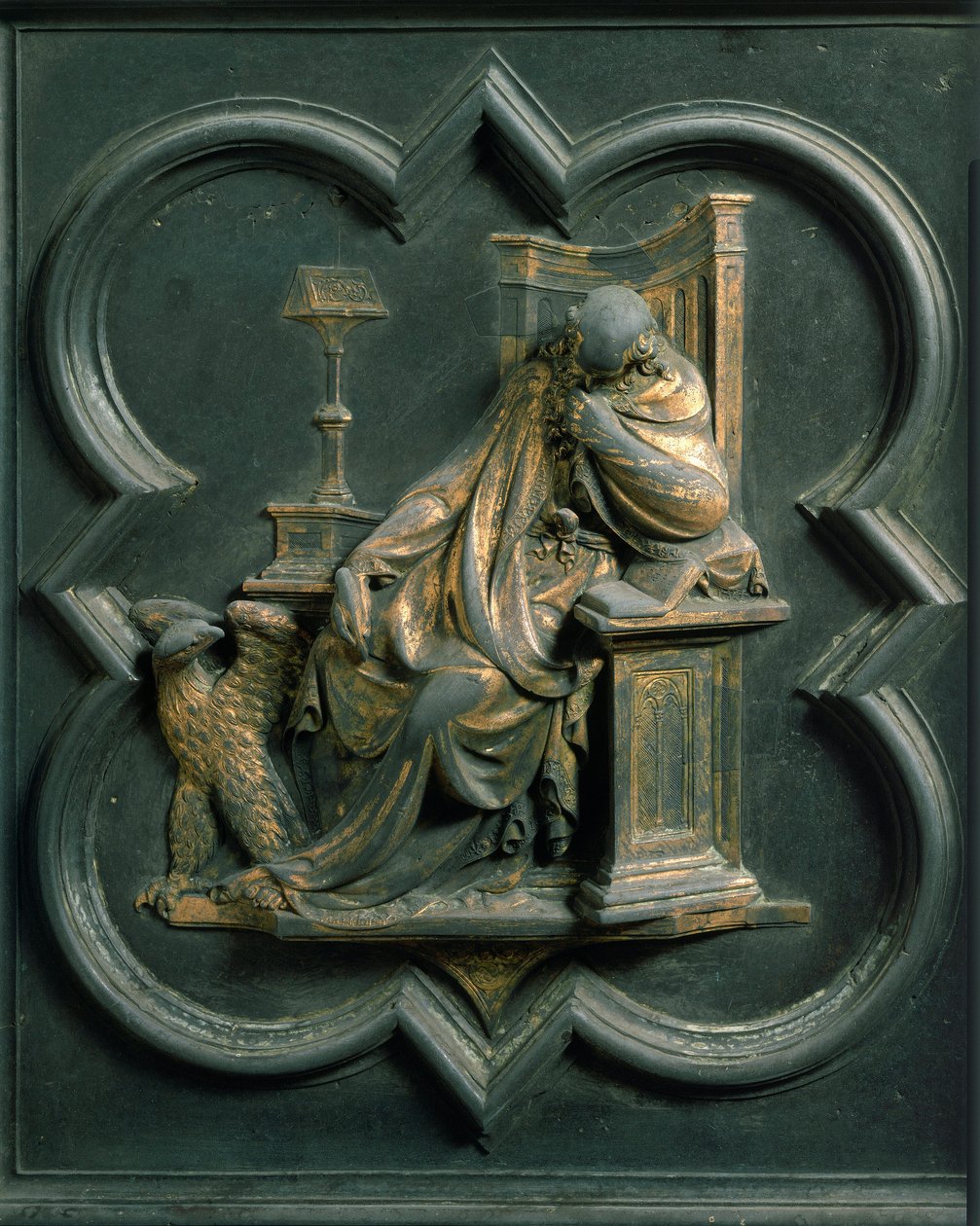 Kuzey Porte (Kuzeyde Haç Kapısı olarak adlandırılır), dış detay: Aziz John Evangelist. Lorenzo Ghiberti (1378-1455) tarafından yapılan bronz heykel by Lorenzo Ghiberti