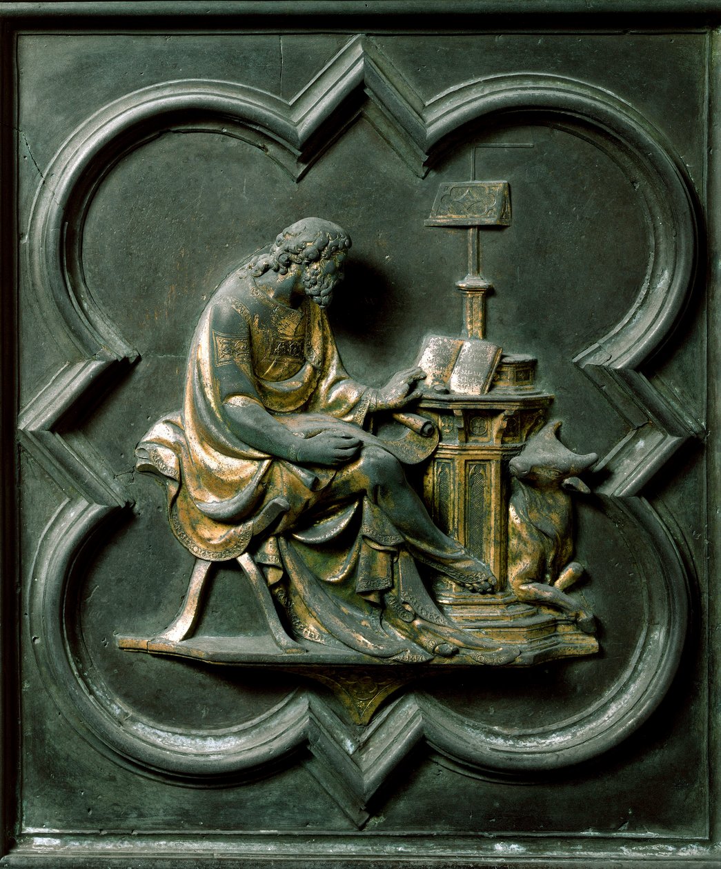 Kuzey Babıali (Kuzeyde Haç Kapısı olarak adlandırılır), dış detay: Aziz Luka müjdecisi. Lorenzo Ghiberti (1378-1455) tarafından yapılan bronz heykel by Lorenzo Ghiberti