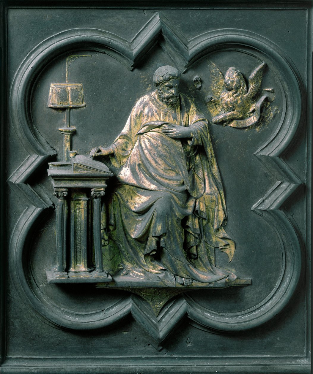 Kuzey Porte (Kuzeye Haç Kapısı denir), dış detay: Saint Mark. Lorenzo Ghiberti (1378-1455) tarafından yapılan bronz heykel by Lorenzo Ghiberti