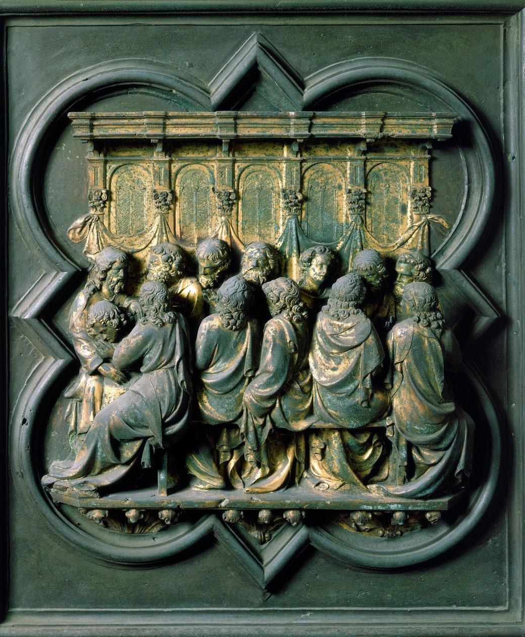 Kuzey Porte (Kuzeyde Porte de la Croix olarak adlandırılır), dış detay: “” la Cene”” Lorenzo Ghiberti tarafından yapılan bronz heykel (1378-1455) by Lorenzo Ghiberti