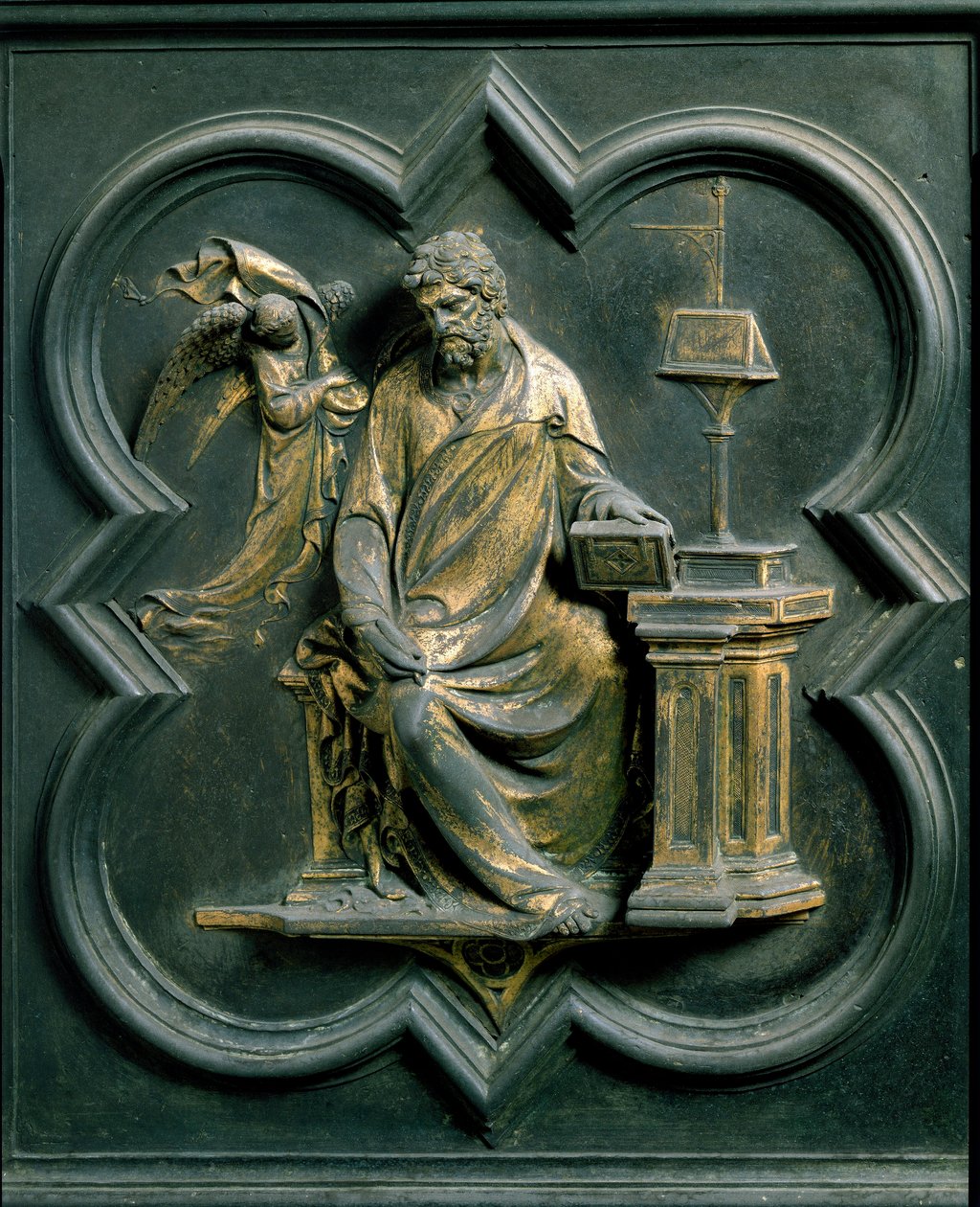 Kuzey Porte (kuzeye Porte de la Croix denir), dış detay: Saint Mathieu. Lorenzo Ghiberti (1378-1455) tarafından yapılan bronz heykel by Lorenzo Ghiberti