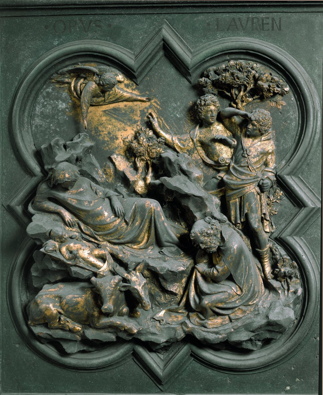 Kuzey Porte (kuzeye Porte de la Croix denir), dış detay: Nativite. Lorenzo Ghiberti (1378-1455) tarafından yapılan bronz heykel by Lorenzo Ghiberti