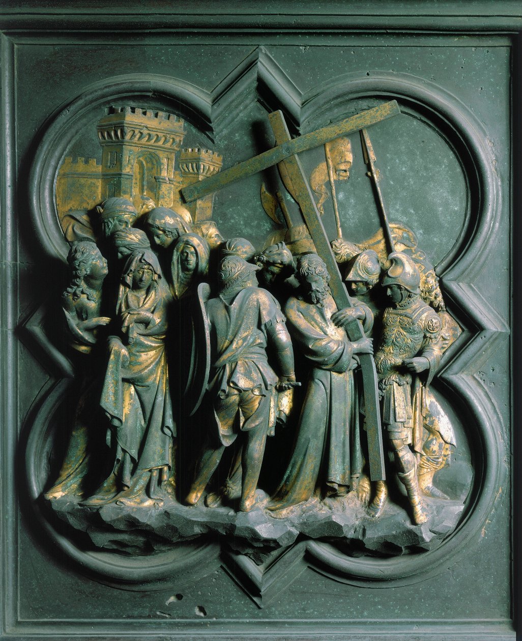 Porte Nord (Kuzeyde Porte de la Croix olarak adlandırılır), dış detay: “Montee to Calvary” Lorenzo Ghiberti tarafından yapılan bronz heykel (1378-1455) by Lorenzo Ghiberti