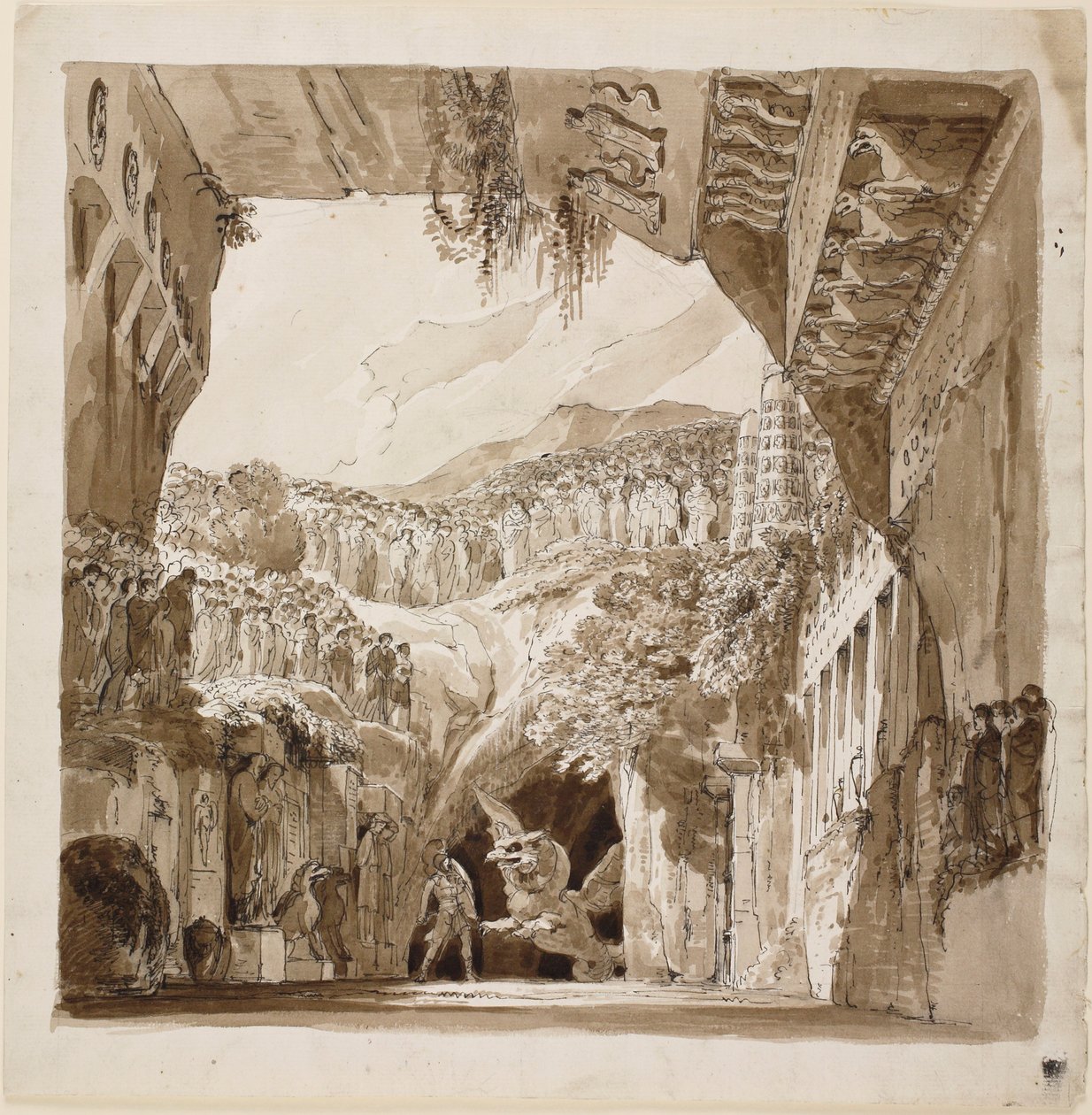 Bir mağarada ejderhayla savaşan bir adamla sahne tasarımı by Lorenzo I Quaglio