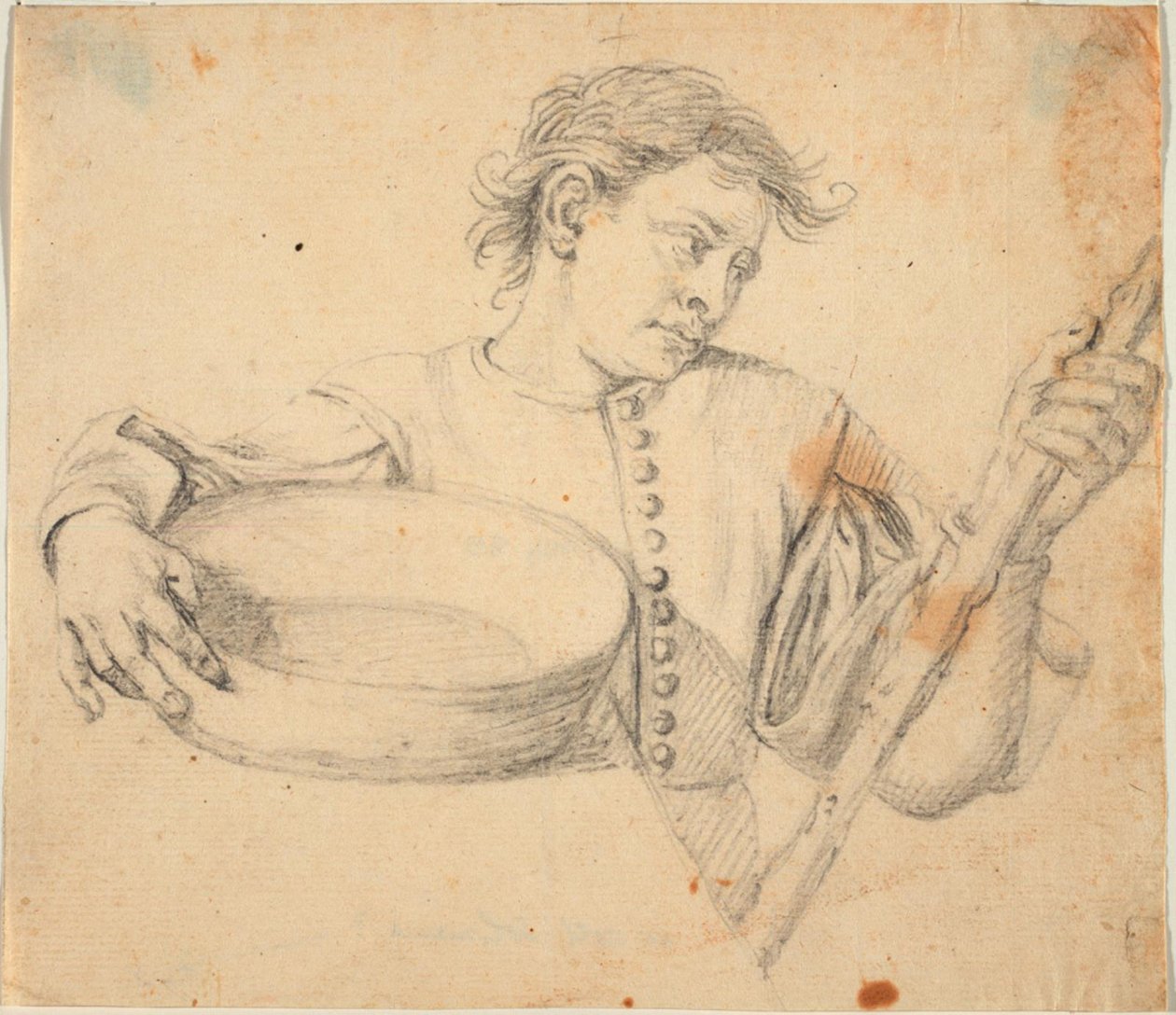 Çocuk, yarım boy, bir tabak ve bir bastonla by Lorenzo Lippi