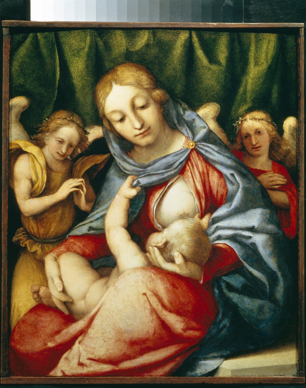 Bakire emziriyor. (Madonna del latte). Lorenzo Lotto (1480-1556), tuval üzerine yağlı boya, yaklaşık 1520. İtalyan sanatı (Venedik) by Lorenzo Lotto