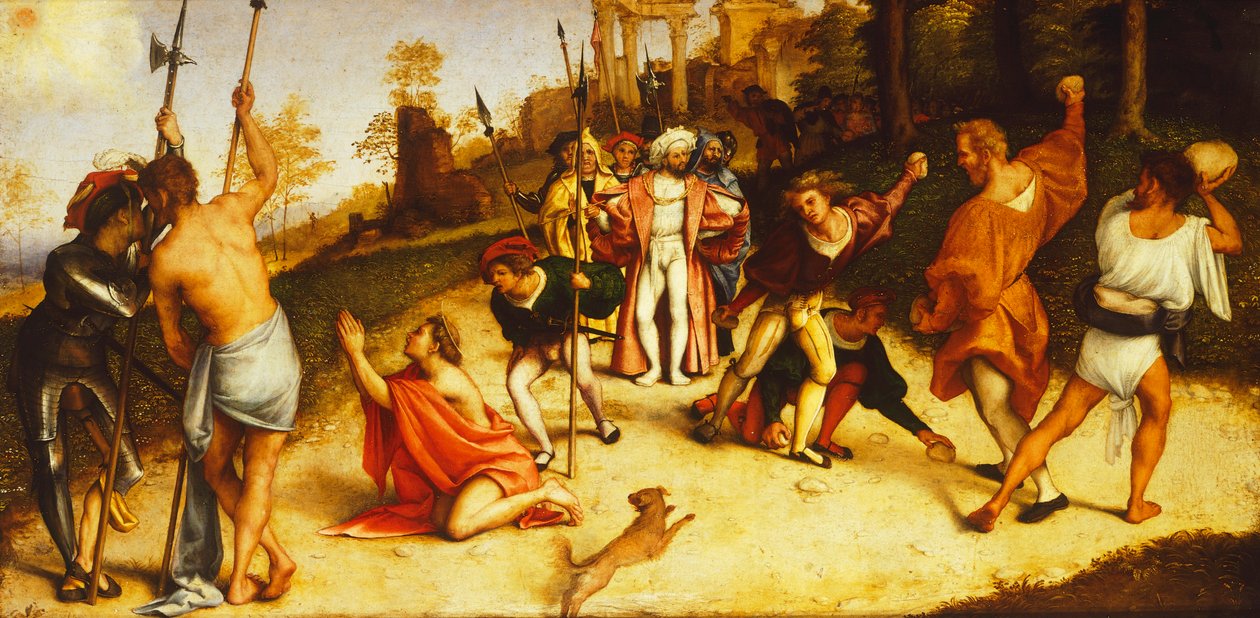 Aziz Stephen Şehitliği, Martinengo Altarpiece'in Lorenzo Lotto tarafından bölünmesi (1480 yaklaşık - 1556), panel üzerine yağlı boya, 51x97 cm, yaklaşık 1516 by Lorenzo Lotto