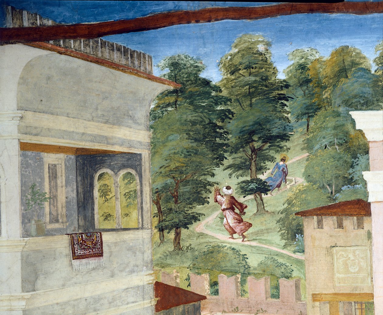 Aziz Barbara ormanda kovalanıyor, Christ-Vine ve Saint Barbara Efsanesi Lorenzo Lotto (yaklaşık 1480 - 1556), fresk, detay Villa Suardi, Suardi Şapeli, Trescore Balneario, İtalya by Lorenzo Lotto