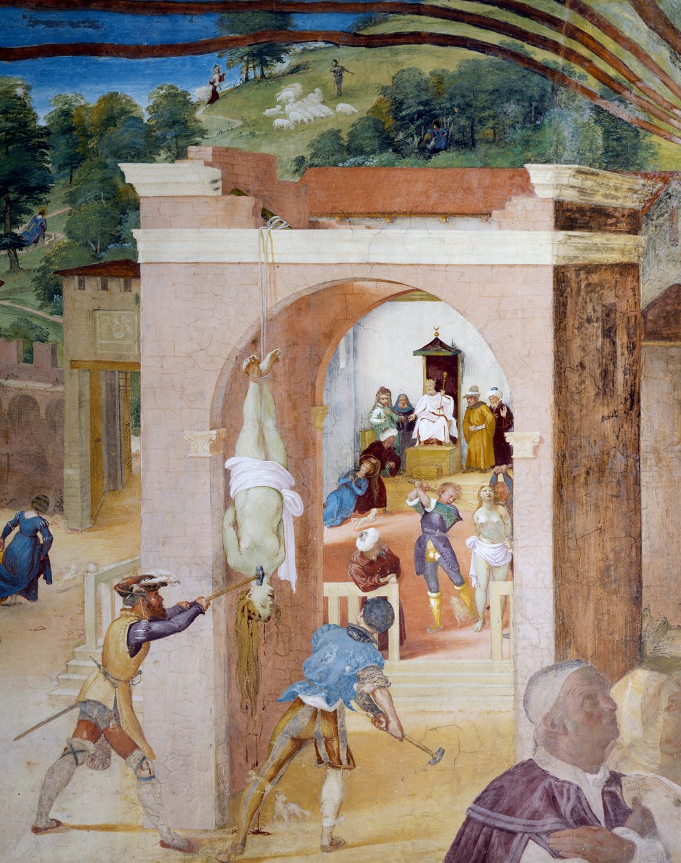 Santa Barbara, kendisine işkence yapılmasını emreden sulh yargıcı Marslı huzurunda yargılanıyor, Stories of Saint Barbara'dan detay by Lorenzo Lotto
