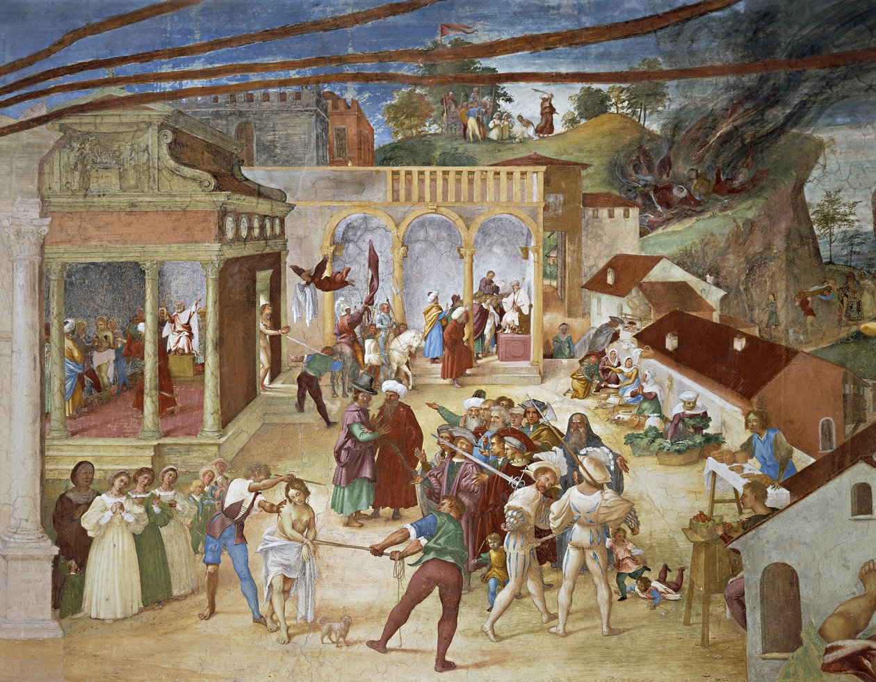 St Barbara şehrin sokaklarında gezdiriliyor, Christ-Vine ve Legend of Saint Barbara'dan Lorenzo Lotto (yaklaşık 1480 - 1556), fresk, detay, Villa Suardi, Capella Suardi, Trescore Balneario by Lorenzo Lotto