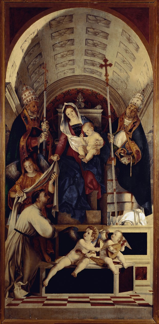 Aziz Dominika, Aziz Gregoire ve Aziz Urban ile Bakire ve Çocuk - Recanati poliptiğinin orta kısmı (1508, ahşap üzerine yağlı boya) by Lorenzo Lotto