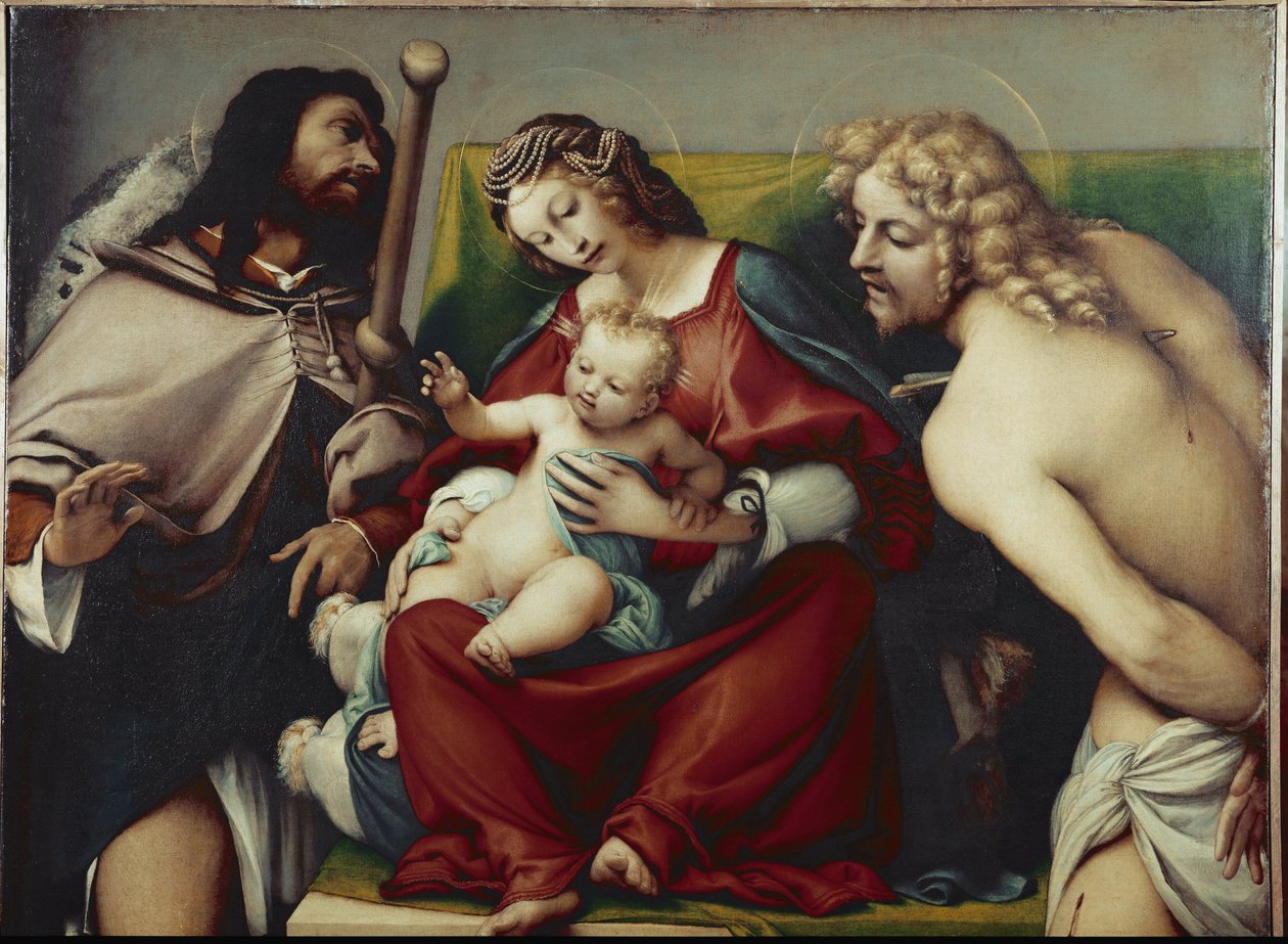 Aziz Roch ve Aziz Sebastian ile Bakire ve Çocuk (yaklaşık 1518, tuval üzerine yağlı boya) by Lorenzo Lotto
