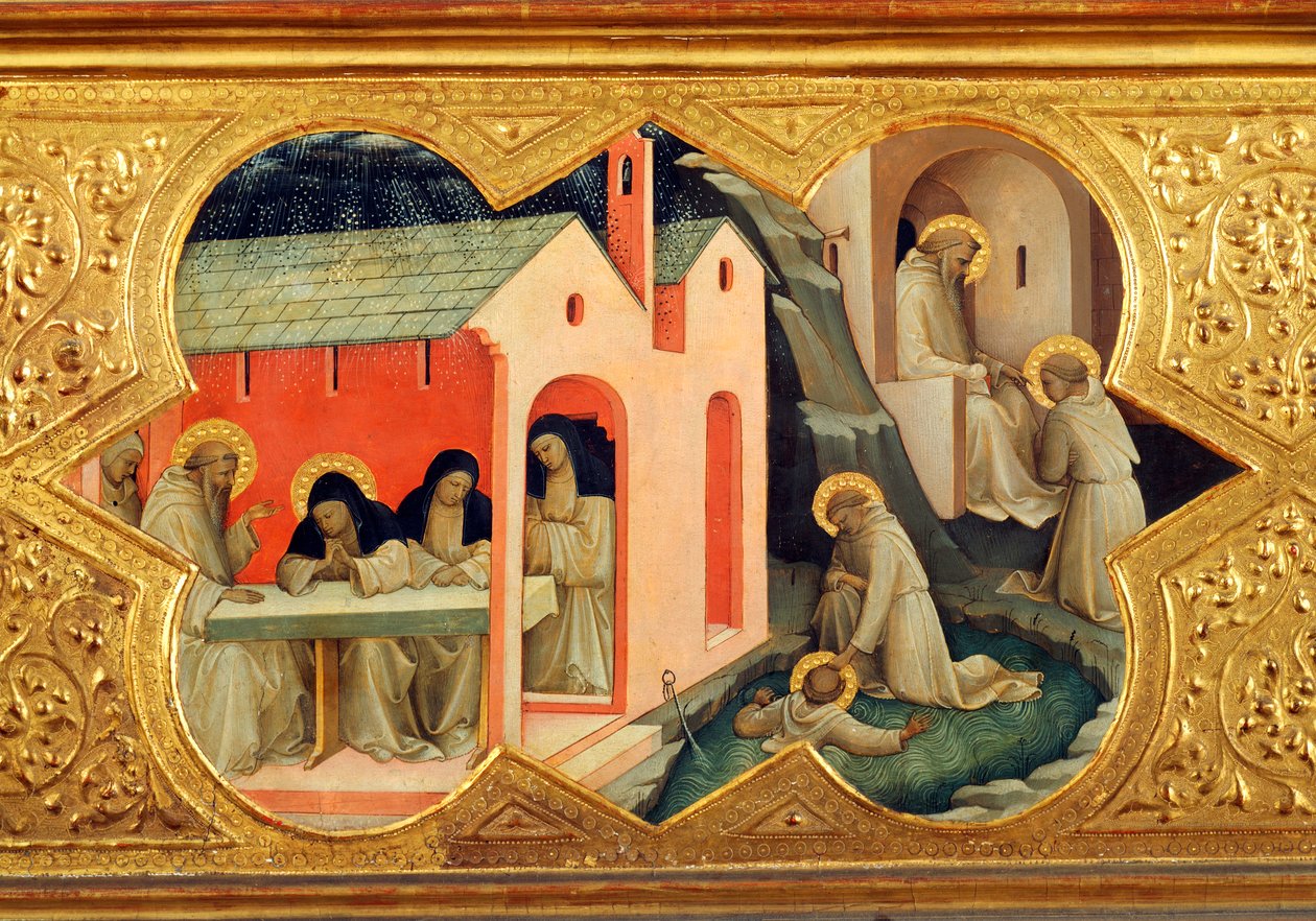 St Bernardino ve St Benedict'in tarihi, Bakire Taç Giyme Töreni'nin predellasının detayı by Lorenzo Monaco