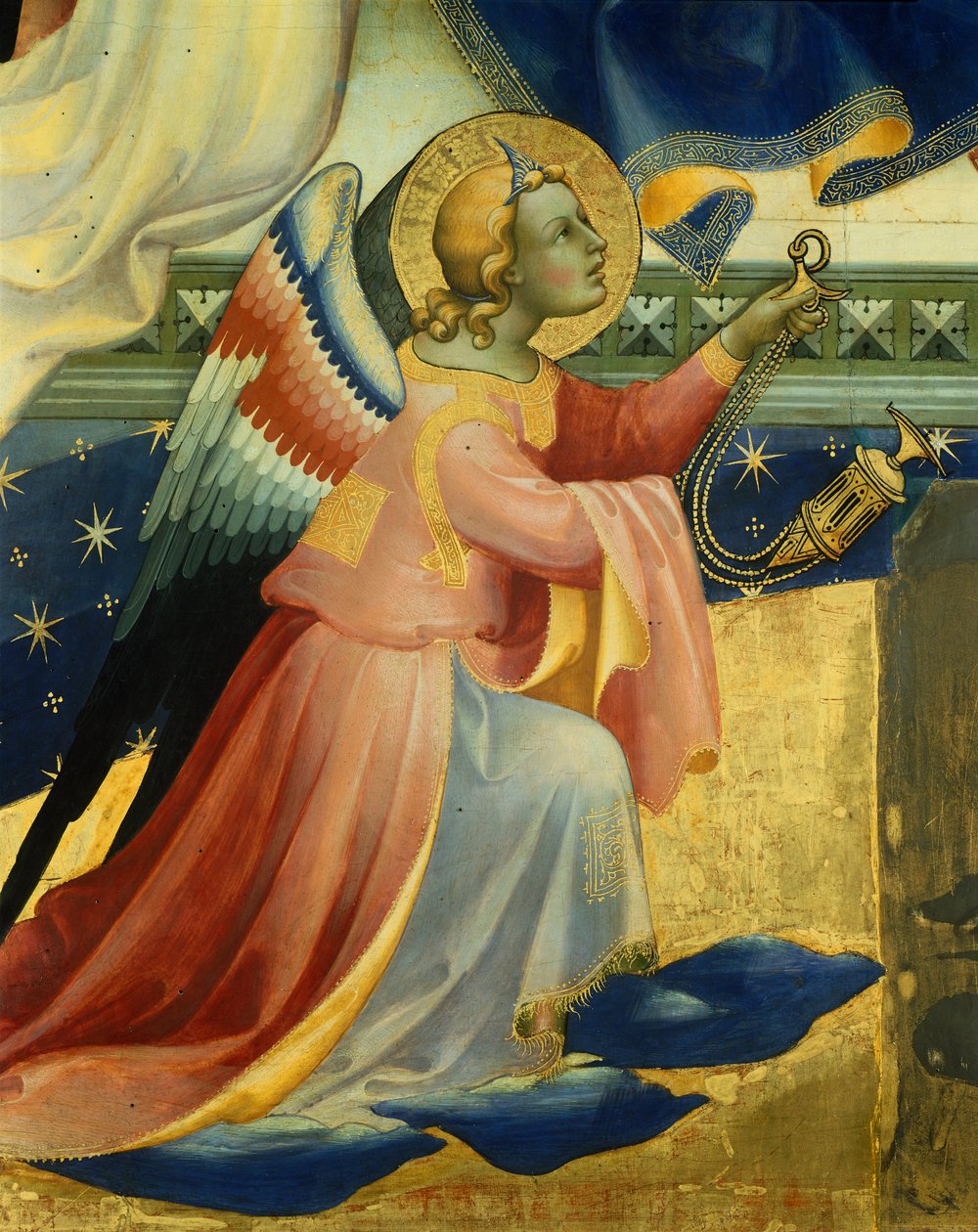 Diz Çökmüş Melek, Lorenzo Monaco'nun (yaklaşık 1370-1425) Bakire Taç Giyme Töreni'nin orta panelinden detay, panelde tempera ve altın rengi, 506x447, 5 cm by Lorenzo Monaco