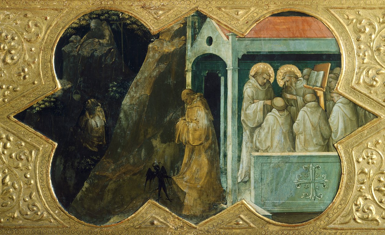 Aziz Benedict şeytan tarafından ayartılıyor ve Aziz Bernardino bir kilisede, Lorenzo Monaco (1370-1423) tarafından Bakire'nin Taç Giymesi predellasının detayı, panelde tempera, 450x350 cm, Santa Maria degli Angeli manastırının yüksek sunağı için Polipt by Lorenzo Monaco