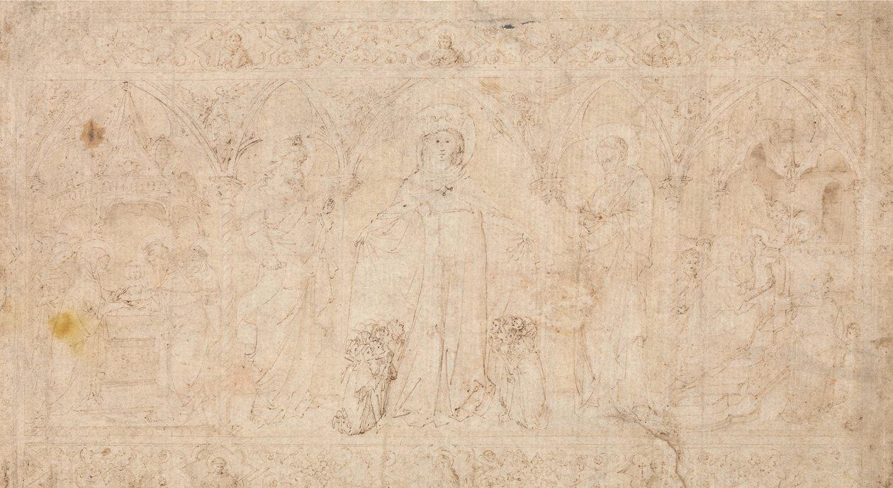 Bir Antependium için Tasarım: Vaftizci Aziz John ile Madonna della Misericordia..., yaklaşık 1370. by Lorenzo Veneziano.