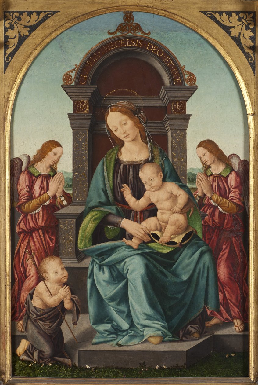Bebek Aziz Yahya ve İki Melek ile Madonna ve Çocuk - Bebek Aziz John ve İki Melek ile Madonna ve Çocuk, Lorenzo di Credi (1459-1537). Ahşap üzerine yağ. Boyut: 66.5x43.5cm. Ulusal Müze Stockholm by Lorenzo di Credi