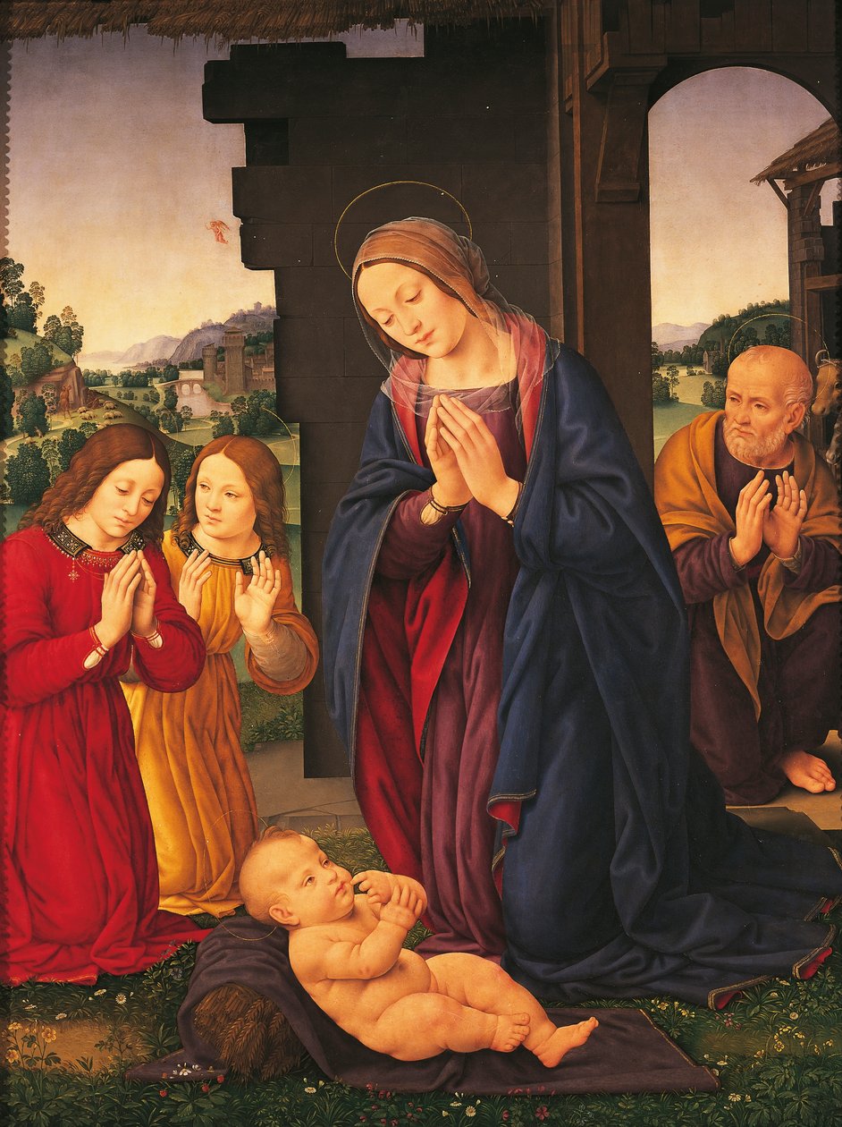 The Adoration of the Child and Angels, yazan Lorenzo di Credi (1459-1536), tuval üzerine tempera by Lorenzo di Credi