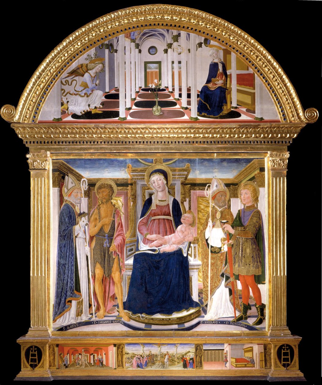 Çocuk ve Aziz Blaise ile Madonna, Vaftizci Yahya, Nicholas ve Florian. Müjde, 1462 by Lorenzo di Pietro